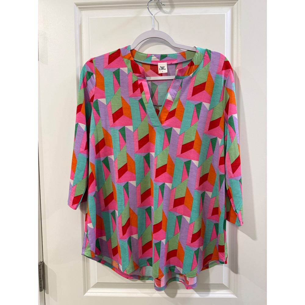 Sew In Love Women Geometric‎ Print Sleeve Split V-Neck Tunic Blouse Multicolor